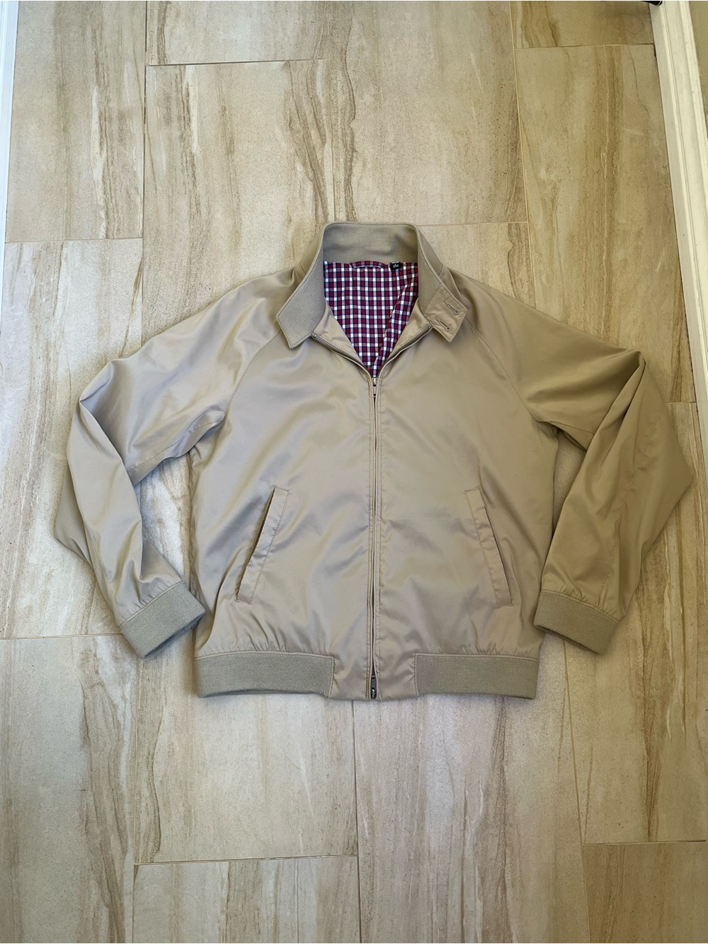 Uniqlo Beige Bomber Jacket with Checked Red Lining